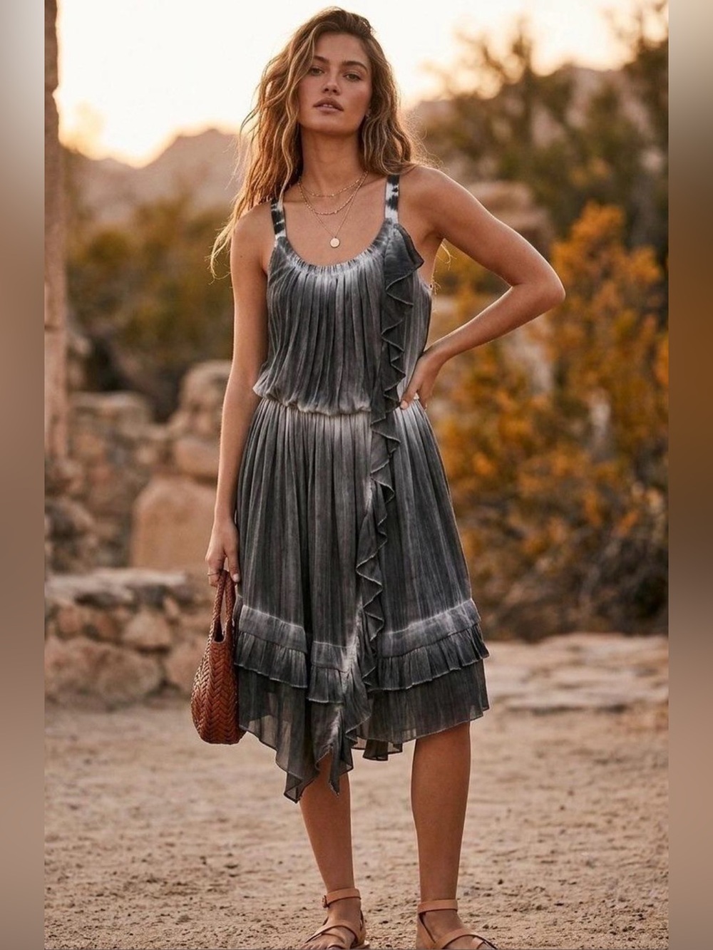 NWT Free People Grey Acid Wash Tie Dye Ruffle Midi Dress Handkerchief Hem | L